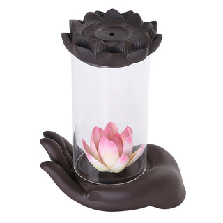 Buddha Gift Buddha Hand Lotus Enlightenment LED Light Purple Clay Ceramic Incense Burner Decoration