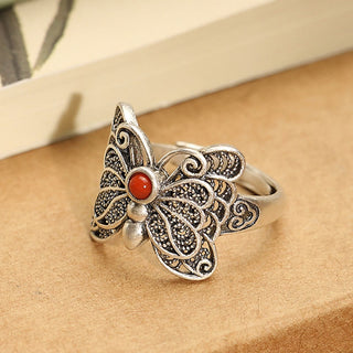 Buddha Gift 925 Sterling Silver Red Agate Butterfly Self-acceptance Ring Earrings Set