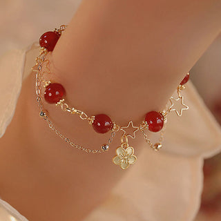 Buddha Gift 14k Gold Plated Red Agate Star Flower Charm Calm Bracelet