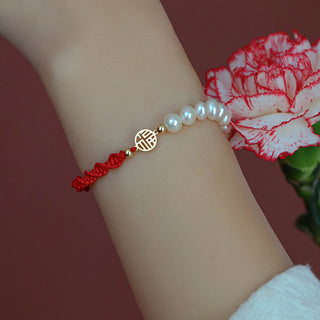 Buddha Gift 14K Gold Plated Pearl Bead Luck Protection Braid Red String Bracelet