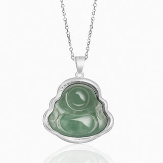 Buddha Gift 925 Sterling Silver Laughing Buddha Natural Jade Luck Prosperity Necklace Chain Pendant
