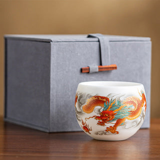 Buddha Gift Dragon Phoenix Auspicious Clouds Ceramic Teacup Kung Fu Tea Cup With Gift Box