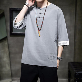 Buddha Gift Frog-Button Dragon Embroidery Chinese Tang Suit Three Quarter Sleeve Shirt Cotton Linen Men Clothing