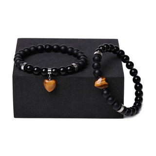 Buddha Gift 2Pcs Black Onyx Crystal Stone Love Heart Protection Support Couple Bracelet