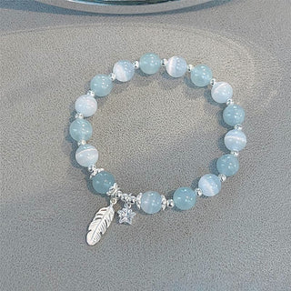 Buddha Gift 925 Sterling Silver Aquamarine Cat's Eye Healing Feather Star Charm Bracelet
