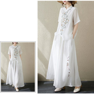 Buddha Gift 2Pcs Flower Embroidery Short Sleeve Tee T-shirt Wide Leg Pants Set
