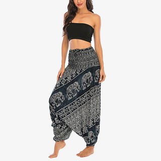 Buddha Gift Two Style Wear Elephant Pattern Loose Smocked Harem Trousers Jumpsuit Women's Yoga Pants