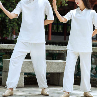 Buddha Gift 2Pcs Half Sleeve V-Neck Shirt Top Pants Meditation Zen Tai Chi Linen Clothing Women's Set