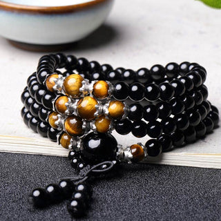 Buddha Gift 108 Beads Natural Black Obsidian Tiger Eye Mala Bracelet