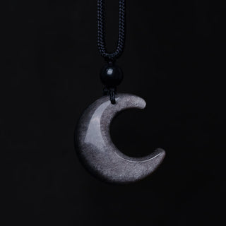 Buddha Gift Natural Silver Sheen Obsidian Selenite Crystal Crescent Moon Yin Yang Couple Protection Necklace Pendant