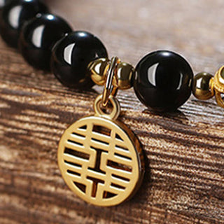 Buddha Gift Natural Black Obsidian Hetian Jade Gourd Double Happiness Strength Bracelet
