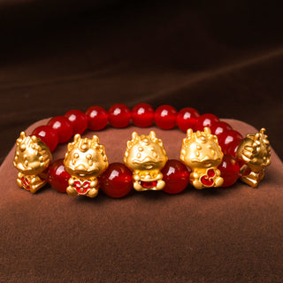 Buddha Gift Year of the Dragon Natural Red Agate Copper Coin Fu Character Protection Bracelet