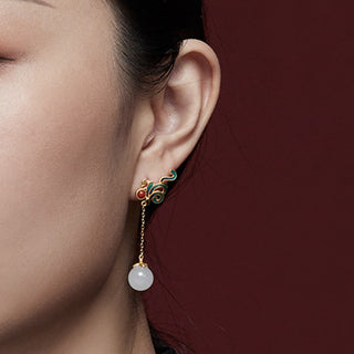 Buddha Gift Vintage White Jade Red Agate Bead Blessing Drop Dangle Earrings