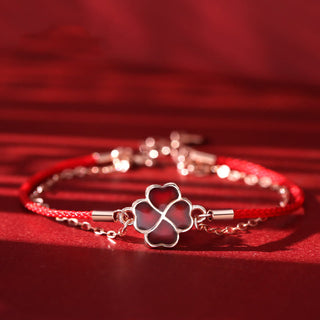 Buddha Gift 925 Sterling Silver Color-changing Four Leaf Clover Luck Protection Red String Bracelet