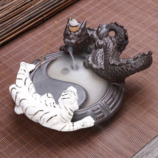 Buddha Gift Tiger Dragon Backflow Smoke Fountain Ceramic Yin Yang Blessing Incense Burner Decoration