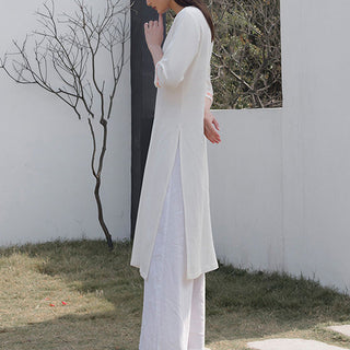 Buddha Gift 2Pcs V-neck Embroidery Yoga Clothing Zen Meditation Cotton Linen Top Pants Women's Set