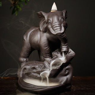 Buddha Gift Tibetan Elephant Purple Clay Backflow Smoke Fountain Peace Healing Incense Burner Decoration