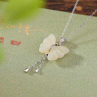 Buddha Gift 925 Sterling Silver Plated Gold Hetian White Jade Butterfly Blessing Necklace Pendant