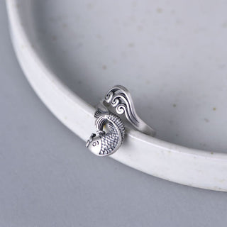 Buddha Gift 925 Sterling Silver Koi Fish Water Ripple Luck Wealth Ring
