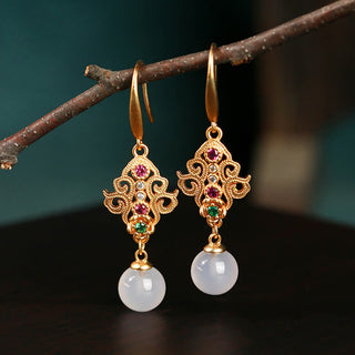 Buddha Gift 24K Gold Plated Round Chalcedony Positive Dangle Drop Earrings