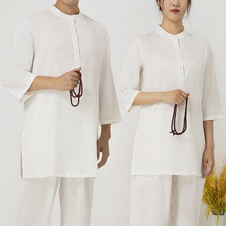 Buddha Gift 2Pcs Buttons Three Quarter Sleeve Shirt Top Pants Meditation Zen Tai Chi Cotton Linen Clothing Women's Set