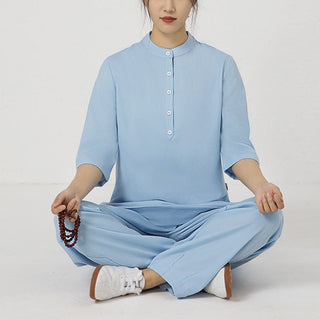 Buddha Gift 2Pcs Solid Color Three Quarter Shirt Top Pants Meditation Zen Tai Chi Cotton Linen Clothing Women's Set