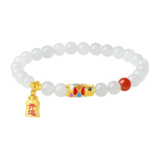 Buddha Gift 925 Sterling Silver Hetian White Jade Red Agate Koi Fish Luck Happiness Bracelet