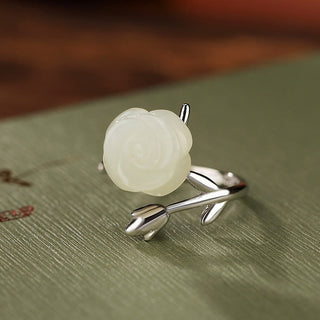 Buddha Gift 925 Sterling Silver Plated Gold Rose Flower Hetian White Jade Happiness Ring