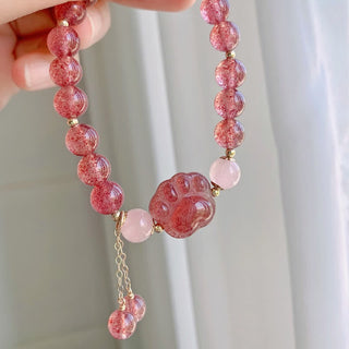 Buddha Gift Natural Strawberry Quartz Pink Crystal Lucky Cat Paw Love Bracelet