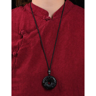 Buddha Gift Chinese Zodiac Natural Black Obsidian Peace Buckle Strength Necklace Pendant