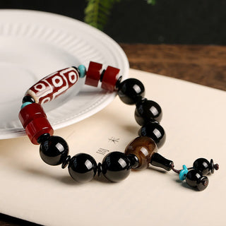 Buddha Gift Tibetan Nine-Eye Dzi Bead Black Onyx Wealth Protection Bracelet