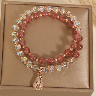 Buddha Gift Strawberry Quartz White Crystal Money Bag Charm Positive Bracelet