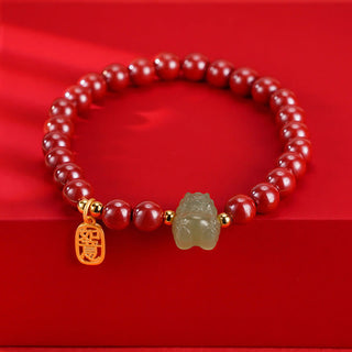 Buddha Gift 925 Sterling Silver Year of the Dragon Natural Cinnabar Hetian Jade Dragon Fu Character Ruyi As One Wishes Charm Blessing Bracelet