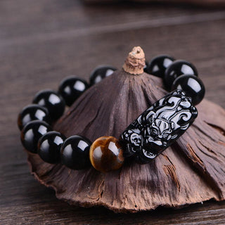 Buddha Gift Natural Black Obsidian PiXiu Tiger's Eye Strength Bracelet