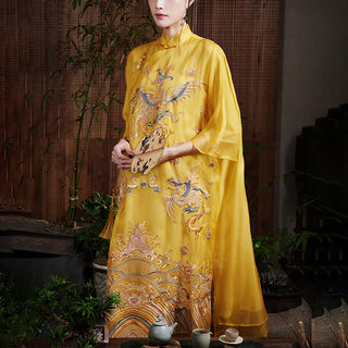 Buddha Gift 100% Mulberry Silk Organza Dress Embroidered Yellow Phoenix Qipao Cheongsam Dress
