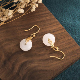 Buddha Gift White Jade Double Happiness Fortune Earrings