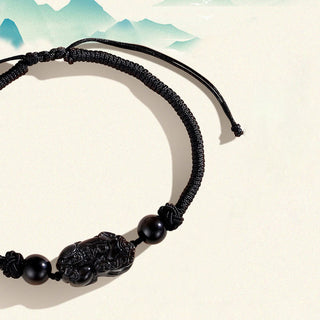Buddha Gift Handmade Natural Silver Sheen Obsidian Strawberry Quartz PiXiu Protection Braided Bracelet