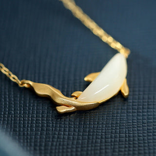 Buddha Gift 925 Sterling Silver White Jade Dolphin Luck Necklace Pendant