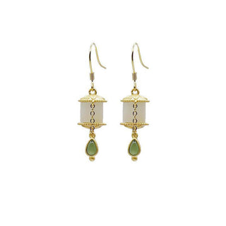 Buddha Gift 925 Sterling Silver Jade Prayer Wheel Luck Drop Earrings