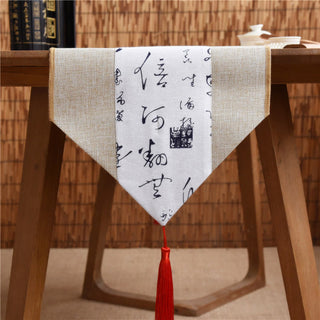 Buddha Gift Classic Chinese Style Lotus Koi Fish Flower Crane Calligraphy Enlightenment Cotton Linen Tassels Table Runner