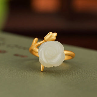 Buddha Gift 925 Sterling Silver Plated Gold Rose Flower Hetian White Jade Happiness Ring