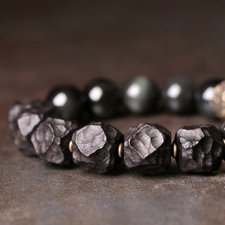 Buddha Gift Black Obsidian Ebony Wood Copper Strength Couple Bracelet