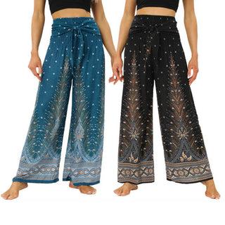 Buddha Gift Boho Peacock Feathers Lace-up Wide Leg Pants Women's Yoga Pants