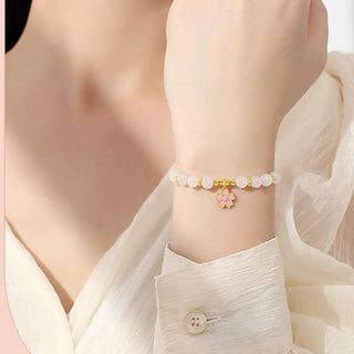 Buddha Gift 925 Sterling Silver Hetian White Jade Cherry Blossom Protection Bracelet