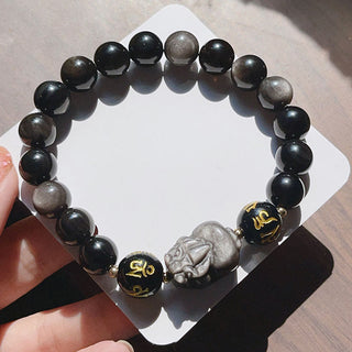 Buddha Gift Natural Silver Sheen Obsidian Black Obsidian Om Mani Padme Hum Pixiu Protection Bracelet