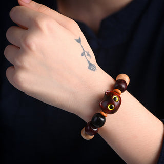 Buddha Gift Small Leaf Red Sandalwood Ebony Wood Cute Cat Engraved Protection Bracelet