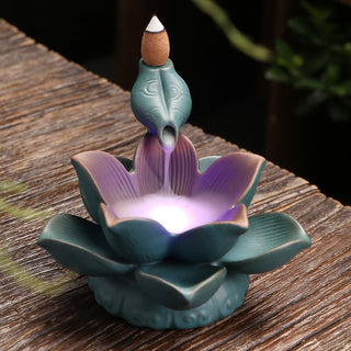 Buddha Gift Lotus Flower Leaf Frog Butterfly Pattern Healing Ceramic Incense Burner Decoration
