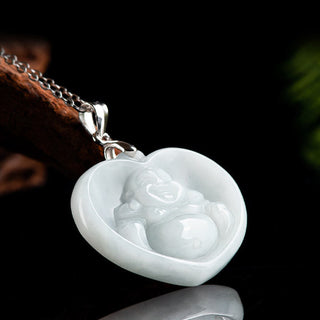 Buddha Gift 925 Sterling Silver Laughing Buddha White Jade Luck Blessing Necklace Pendant
