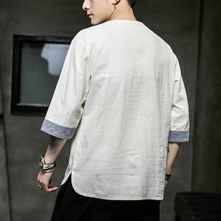 Buddha Gift Frog-Button Dragon Embroidery Chinese Tang Suit Three Quarter Sleeve Shirt Cotton Linen Men Clothing