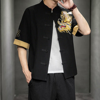 Buddha Gift Frog-Button Chinese Dragon Auspicious Cloud Embroidery Half Sleeve Shirt Cotton Linen Men Clothing